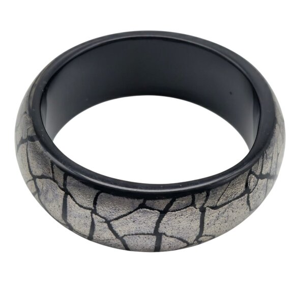 Black Silver Cracked Pattern Resin Bangle Bracelet Art Jewelry - Picture 1 of 5